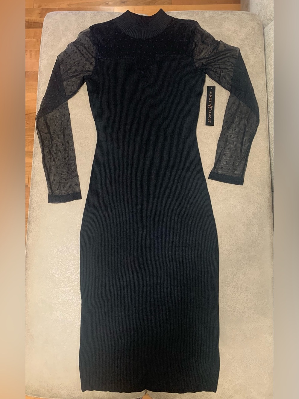 Almost Famous Black Ribbed Knit Sheer Swiss Dot Sleeve/Vneck Bodycon Dress - L